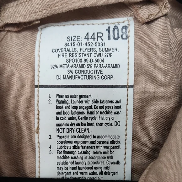 Men's Military Dessert Tan Fire Resistant  Flight Jumpsuit Size 44R*New* - Picture 2 of 9